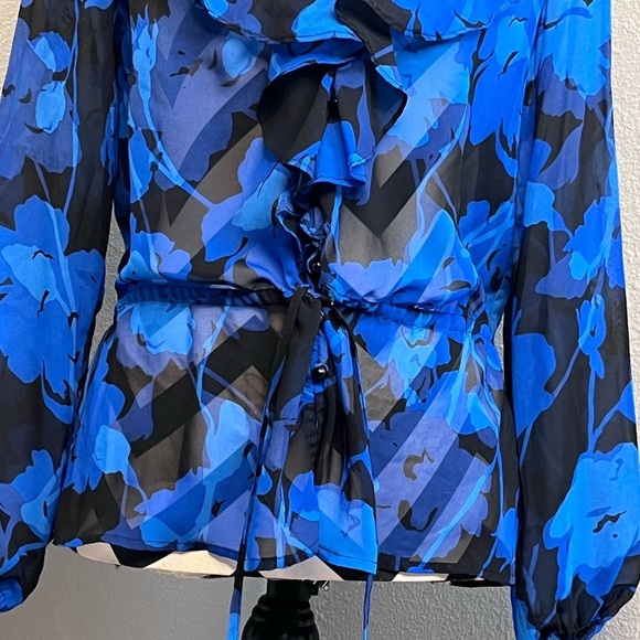 Caché Sheer Dark Floral Ruffle Career Sz S Button Down Front Blouse - Picture 5 of 11